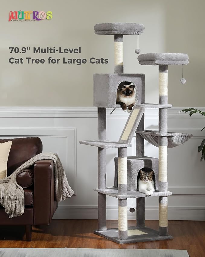 Tall Cat Tree 70.9", Large Cat Tree for Indoor Cats, Multi-Level Plush Cat Condo with 6 Scratching Posts, 2 Scratching Boards, 2 Perches, 2 Caves, Hammock, 2 Pompoms, Gray