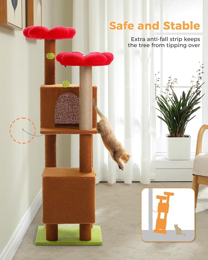 Cat Tree for Indoor Cats, 52.4" Tall Cat Tower with 2 Flower Perches, 2 Cozy Condos & 2 Sisal Scratching Posts - Multi-Level Kitty Climbing Furniture, Pet Playhouse for Adult Cats, Brown/Red