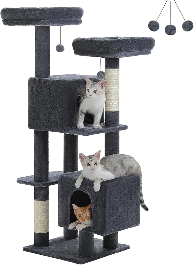 Cat Tree, 52.4" Multilevel Cat Tower for Indoor Cats, Plush Cat Tree House with 2 Padded Perches, 2 Condos & 2 Scratching Posts, Dark Gray