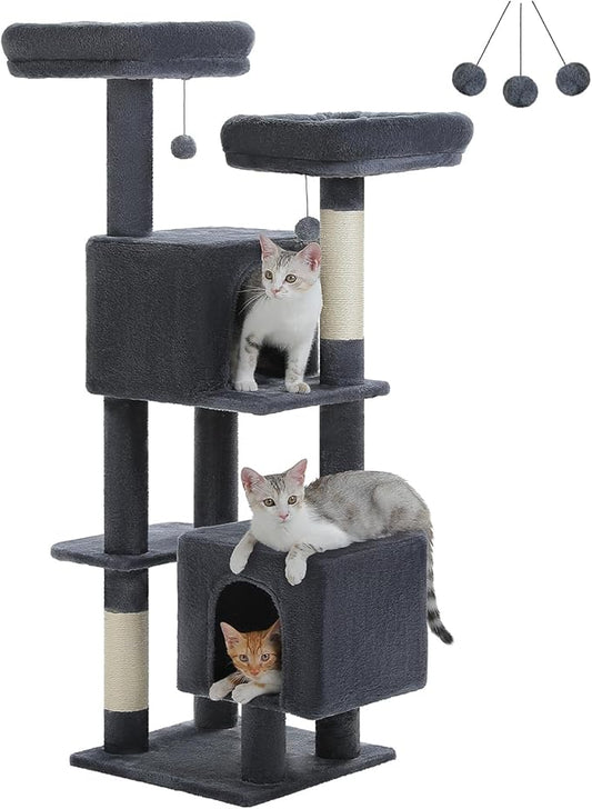 Cat Tree, 52.4" Multilevel Cat Tower for Indoor Cats, Plush Cat Tree House with 2 Padded Perches, 2 Condos & 2 Scratching Posts, Dark Gray
