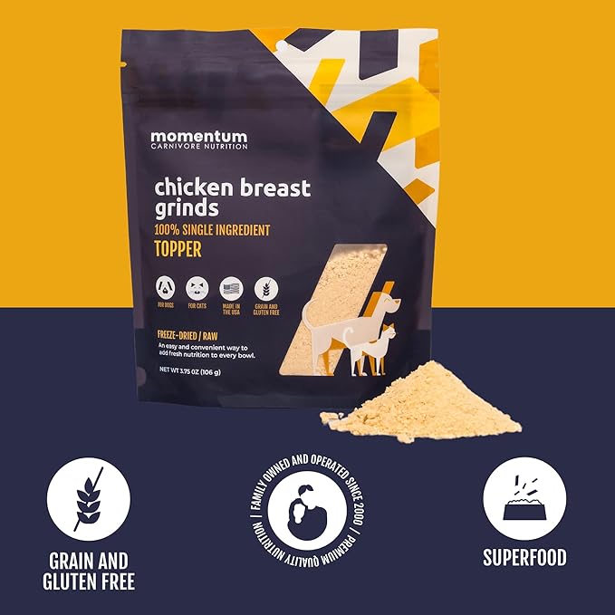 Momentum Carnivore Nutrition Freeze-Dried Chicken Breast Pet Food Topper – Single-Ingredient, All-Natural Topper – High-Protein for Dogs and Cats, Grain-Free and Made in The USA– (3.75 oz Bag)