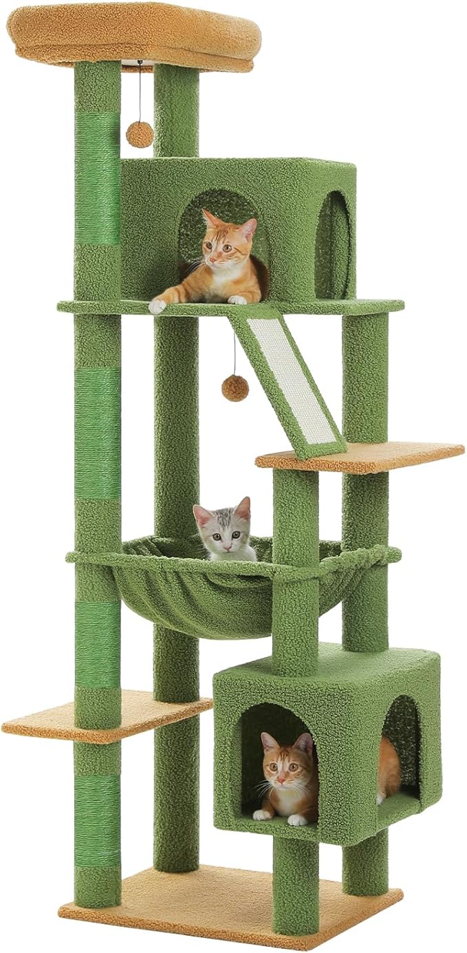 Cactus Tall Cat Tree 71" for Large Cat 20 lbs with Super Large Hammock, Heavy Duty Cat Tower with 4 Sisal Scratching Posts & 2 Spacious Condos for Big Adult Cats Maine Coon-Green