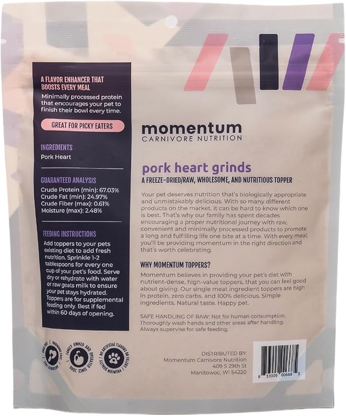 Momentum Carnivore Nutrition Freeze-Dried Pork Heart Pet Food Topper – Single-Ingredient, All-Natural Topper – High-Protein for Dogs and Cats, Grain-Free and Made in The USA– (3.75 oz Bag)