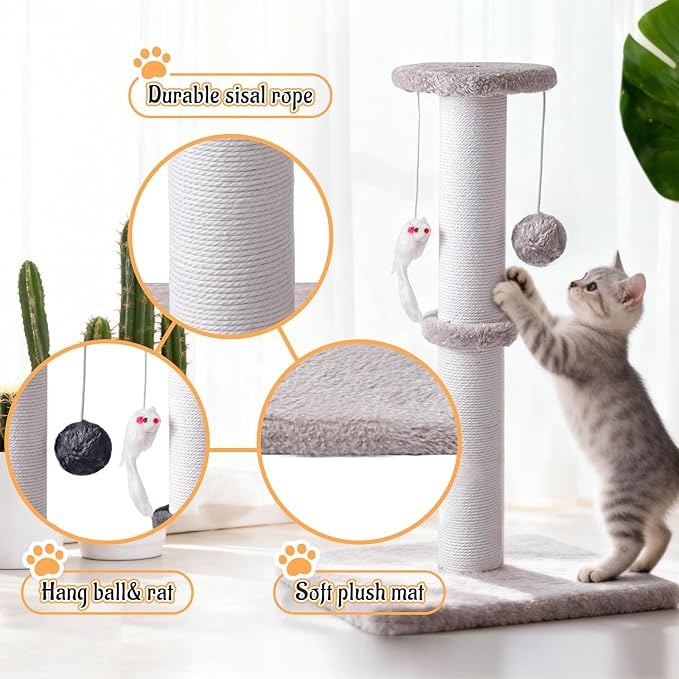 2 Pack Cat Scratching Post, 19.2in Kitten Scratcher Post, Sisal Rope with Hanging Ball and Mice for Indoor Kittens or Smaller Cats