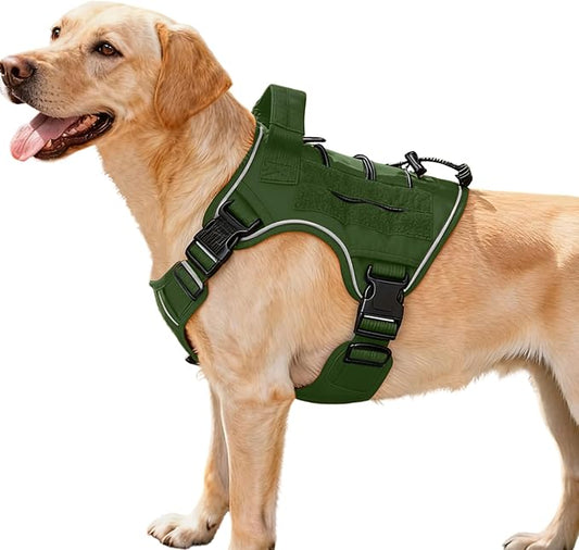 Heavy-Duty Tactical Dog Harness for Large Dogs, No Pull Adjustable Reflective Pet Vest with Molle System, K9 Military-Grade Control for Service Training, Outdoor & 10+ Breeds, Green, Medium