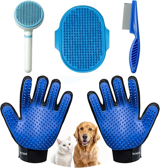 5 Piece Dog Grooming Brush Set with Grooming Gloves, Deshedding Comb & Massage Bath Brush | Dog Shampoo Brush - Multifunctional Pet Hair Removal Tools for Shedding, Bathing, Brushing (Blue)