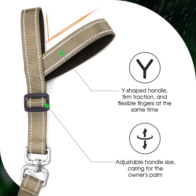 Hands-Free Dog Leash, Heavy Duty No-Pull Training Lead w/Anti-Tangle, Double Padded Traffic Handles Adjustable 5-5.6FT & Reflective Thread for Medium Large Dogs for Running/Walking Khaki