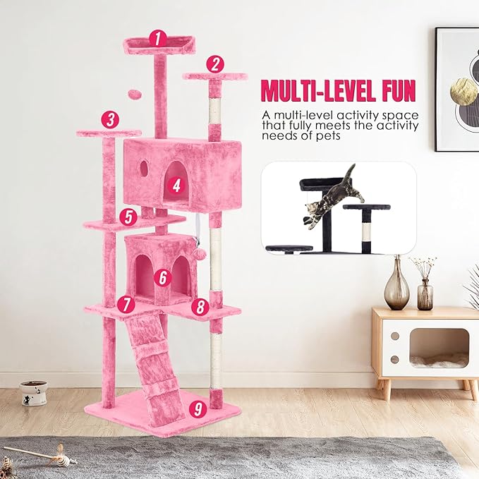 PayLessHere Cat Tree 70in Tower with Scratching Post, Multi-Level Cat Condo Stand House, Kitty Activity Center with Furry Ball Toys, Pink