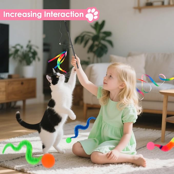 SHENGSEN Feather Wand Cat Toy,Bouncy Ball with Tail Cat Toys,Magic Worm with Large Colorful Ball Toy for Cats,Cat Feather Toys for Indoor Cats,Colorful Fuzzy Worm Bouncy Balls Cat Toy (ADM102-B-3A)