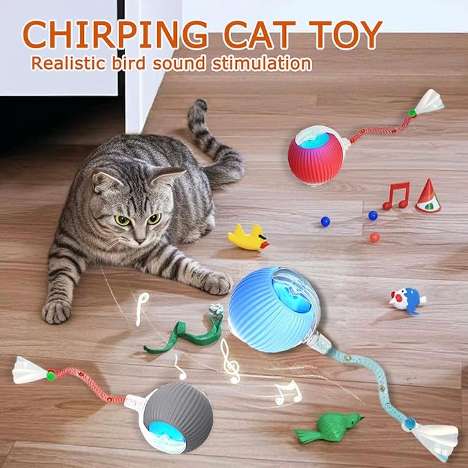 1PC Interactive Cat Toys for Indoor Cats,2025 New Generation Interactive Cat Ball Toy with Elastic Mesh Tail,Automatic Cat/Kitten Toys with Chirping & Motion Activate,Cat Toys for Bored Indoor,Red