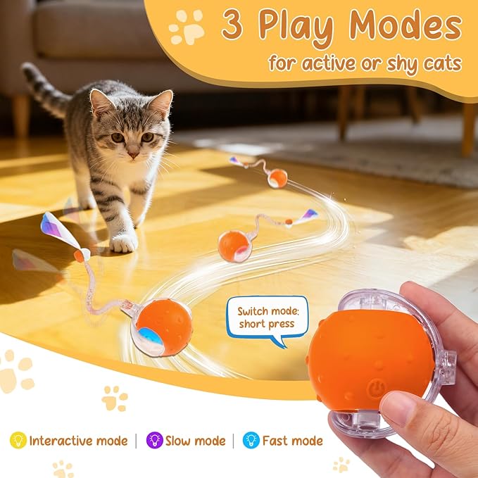 Interactive Automatic Cat Toy Ball with Chirping, 2 Tails & 2 Speeds - USB Rechargeable，Motion Activated Self Play Toy with Random Movement for Bored Indoor Cats, Kitten & Adult Cat Entertainment