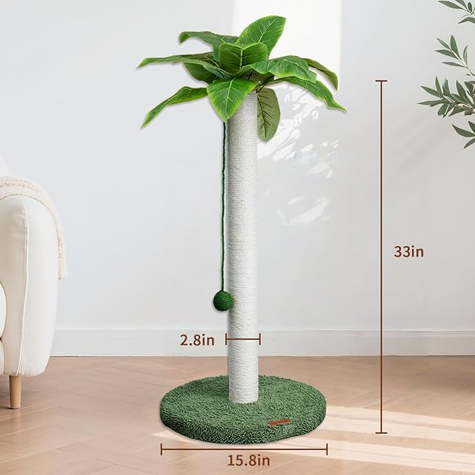 Meowoou Cat Scratching Post 33 Inch Tall Cat Scratcher for Indoor Cats Adults,Palm Tree Sisal Rope Kitten Scratch Tower with Interactive Hanging Ball White