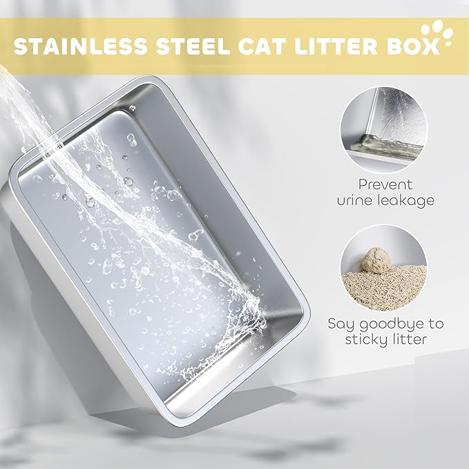 PawHut Stainless Steel Cat Litter Box, Extra Large 2 in 1 Metal Kitty Litter Pan with High Enclosure, Removable Lid & Scoop, Filter Bags, Easy to Clean, for Small to Large Kittens, Gray