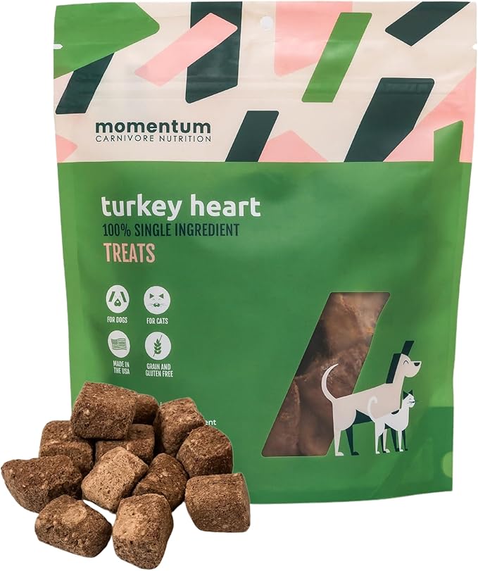 Momentum Carnivore Nutrition Freeze-Dried Turkey Heart Dog Treats & Cat Treats – Single-Ingredient, High-Protein, Grain-Free, Lean & Easily Digestible – Made in USA – 3 oz Bag