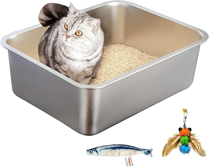 Stainless Steel Cat Litter Box Set, Includes Catnip Fish Toy & Wand Feather Toy Refill, Easy to Clean, Pet Toilet Supplies for Kitten, Kitty, Rabbit, Metal Litter Pan for Kittens and Adult Cats