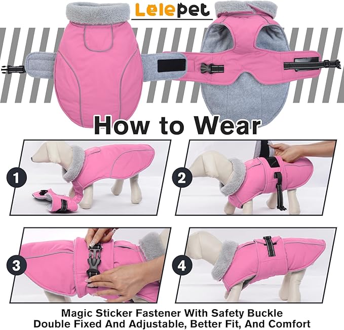 Lelepet Warm Dog Coats for Medium Dogs Waterproof Dog Winter Jacket Reflective Pet Fleece Vest Windproof Cold Weather Coats with Adjustable Buckle & Leash Hole, Pink, M