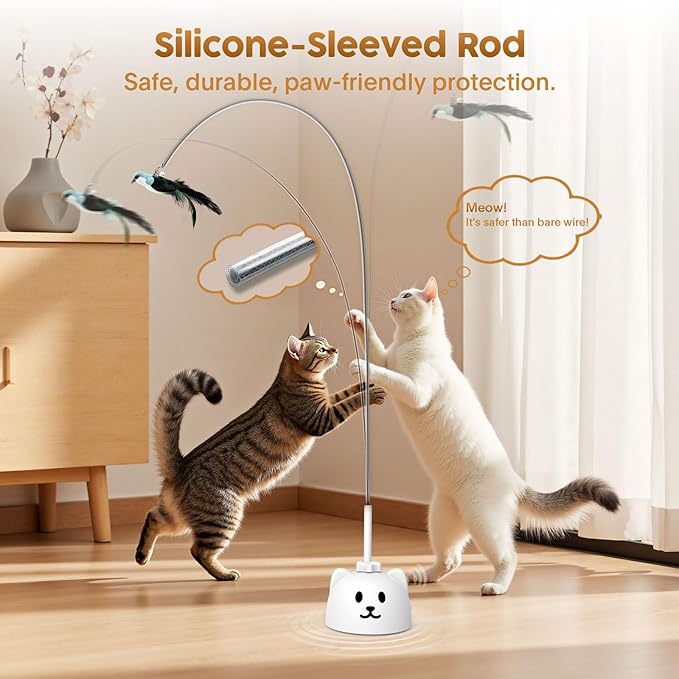 Interactive Cat Toys for Indoor Cats: Upgraded 360° Automatic Spin Flying Bird Feather Wand with Silicone Protected Rod Safe Play, Strong 8cm Suction Cup, USB-Rechargeable for Bored Kittens and Adult