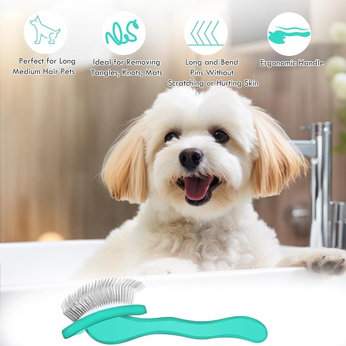 Large Dog Slicker Brush for Shedding & Curly Coat, Long Hair Dogs & Cats, Doodles, Poodles & Goldendoodles, Long Pin Grooming Brush with Wooden Handle, 3 Pcs Comb Set for Mats Tangles. Green