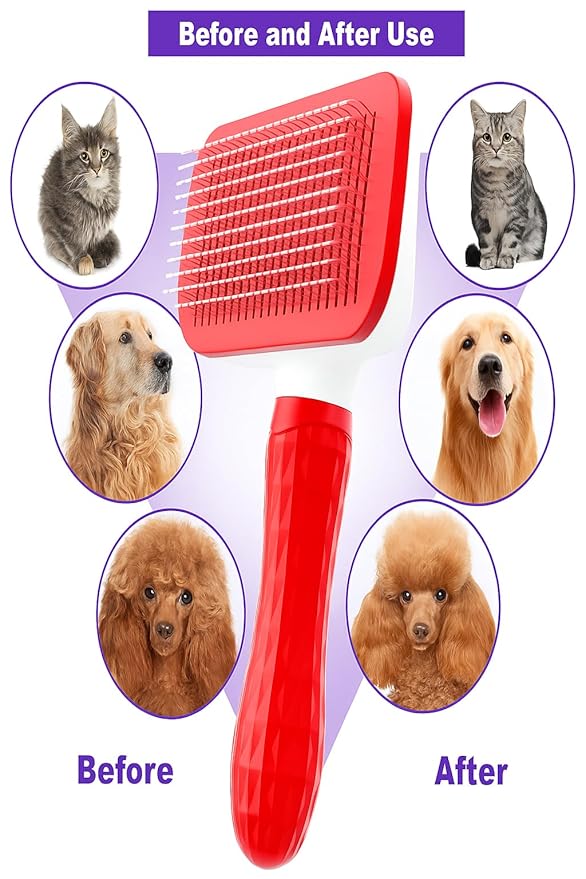 Self Cleaning Slicker Brush, Dog Cat Bunny Pet Grooming Shedding Brush, Easy to Remove Loose Undercoat, Pet Massaging Tool Suitable for Pets with Long or Short Hair (Red)