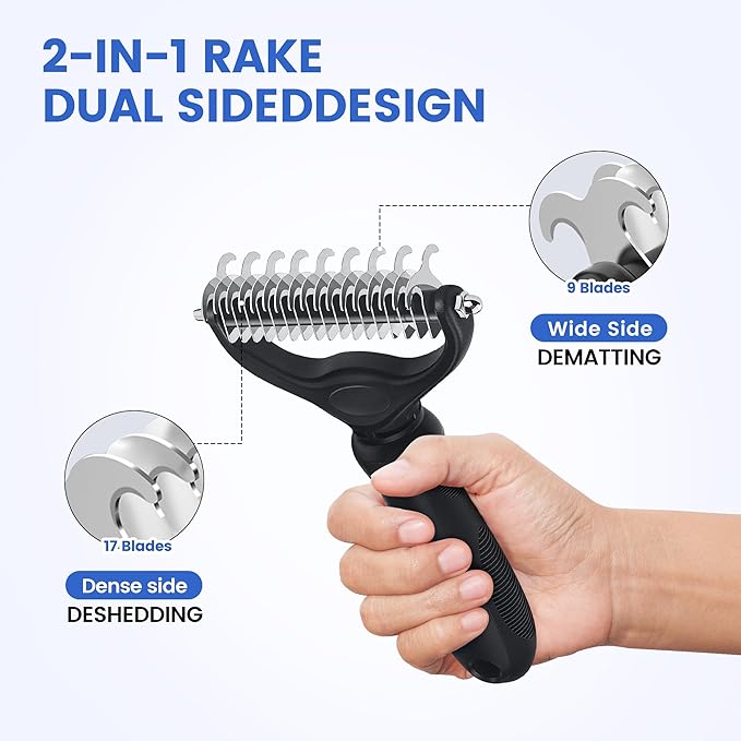 Double-Sided Pet Grooming Rake - 4-in-1 Professional Pet Grooming Kit, Deshedding Dematting Tool for Dogs, Cats, Extra-Wide Grooming Brush & Deshedder Comb for Long and Short Haired Pets(4PCS Black)