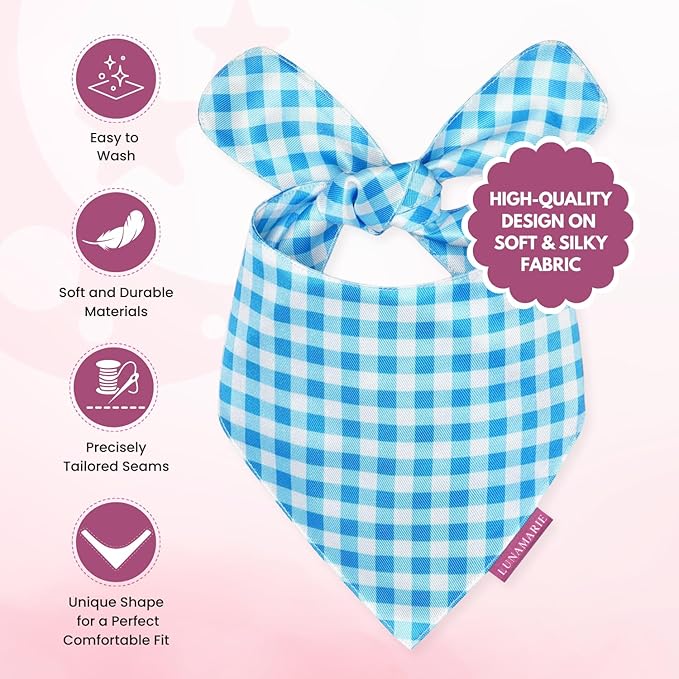 LunaMarie - Luxury Pet Birthday Bandanas -Premium & Silky Poly Fabric | 100% Handmade | Custom Shape Dual Layered (Blue Checkers, Medium)