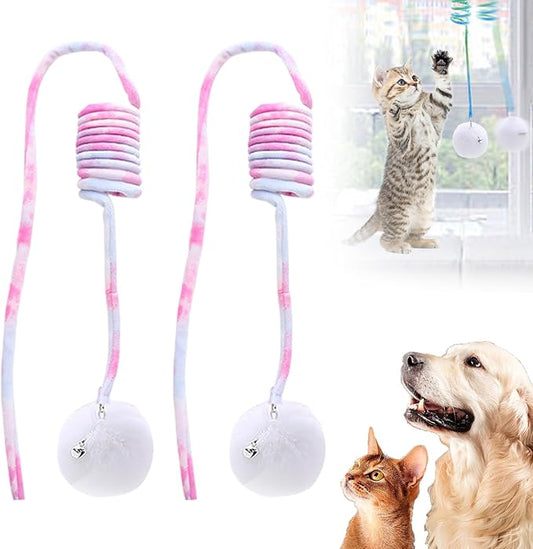 Drkicsy Hanging Spring Plush Cat Toy Ball, Hanging Cat Toys for Indoor Cats with Bell, Pet Spring Toy Interactive Toys for Cats Kittens Play Chase Exercise (2PCS Purple)