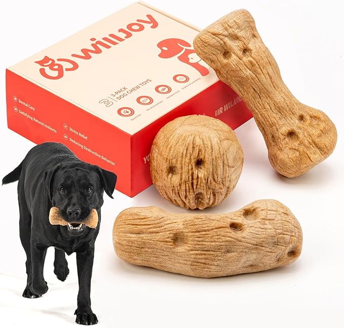 Willjoy 3-Pack Dog Toys for Aggressive Chewers, Chew Toys for Aggressive Chewers, Pine Wood & Nylon, Bacon Flavor Aggressive Chew Toys for Large Dogs, Long Lasting Dog Chews Alternative to Real Sticks