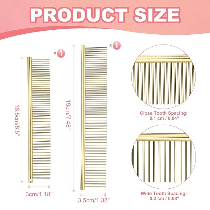Dog Cat Comb, Pet Combs Stainless Steel Teeth with Rounded Ends for Knots Mats Loose Hair Removal, 6.5/7.5IN (Gold Plated, 2 Pack), Grooming Tool Intended for Long Curly Hair Pet