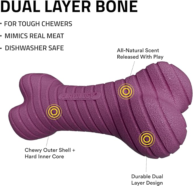 Playology Dog Toys | Dual Layer Bone Durable Chew Toy Bone for Dogs (Value 2-Pack) | Medium Bacon Scented Toy - Easy to Clean and Made from Non Toxic Materials