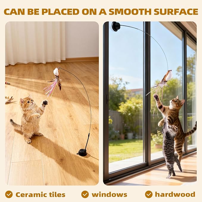 Cat Wand Toys, Interactive Bird Simulation Cat Toy for Indoor Cats,Teaser Wand Self-Holding Suction Cups Base with 5pcs Detachable Replacements Feathers Toys