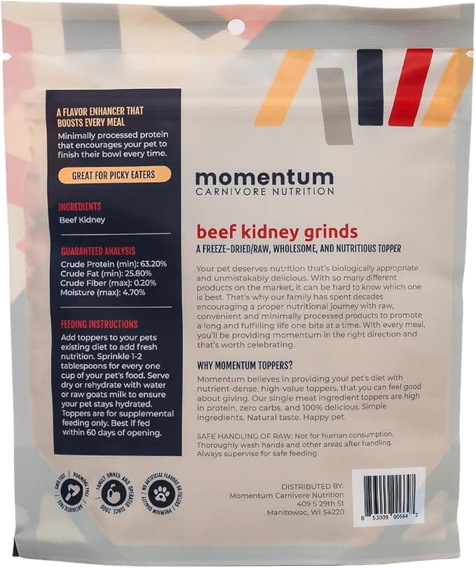 Momentum Carnivore Nutrition Freeze-Dried Beef Kidney Pet Food Topper – Single-Ingredient, All-Natural Topper – High-Protein for Dogs and Cats, Grain-Free and Made in The USA– (3.75 oz Bag)