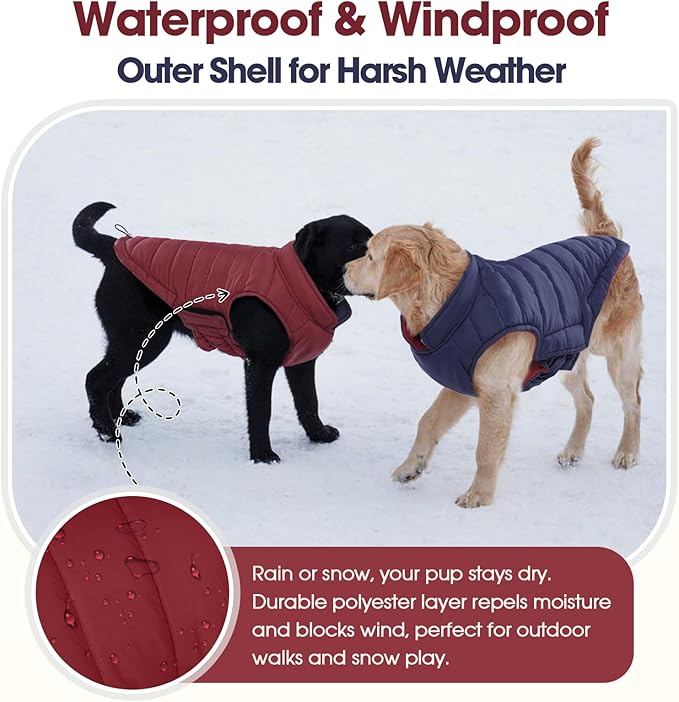 QBLEEV Reversible Dog Winter Coat, Waterproof Windproof Warm Jacket with Adjustable Hook & Loop Design, Lightweight Puffer Vest for Medium Dogs, Wine Red, M – Fits Pug, Beagle, Corgi