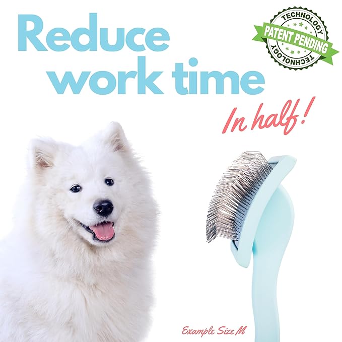 Pet Slicker Brush With Soft Massage Grooming Stainless Steel Pins - For Dematting, Shedding Fur, and Undercoat - Ideal Gift for Professional Pet Groomers - Long Slicker Brush (Blue, Curved Large)