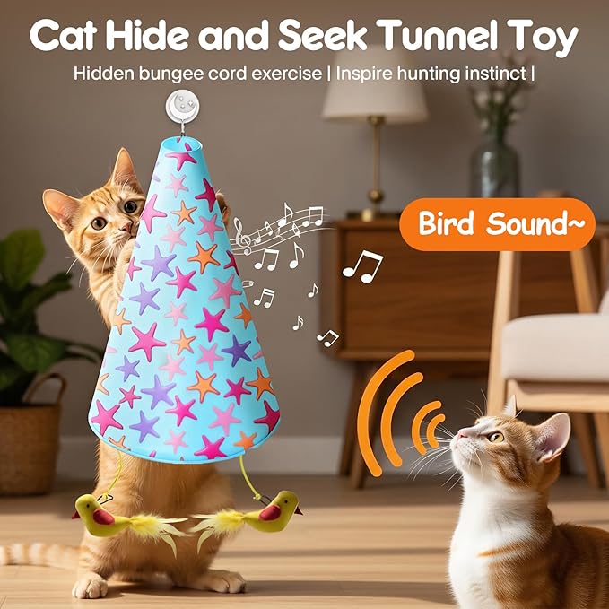 Interactive Cat Toys for Indoor Cats: 2 in 1 Automatic Hide and Seek Flying Bird Feather Wand Chirping Toy, Door Knob Moving Mouse Hunting Toys, Rechargeable Toys for Bored Kitten Adult Cats (Blue)