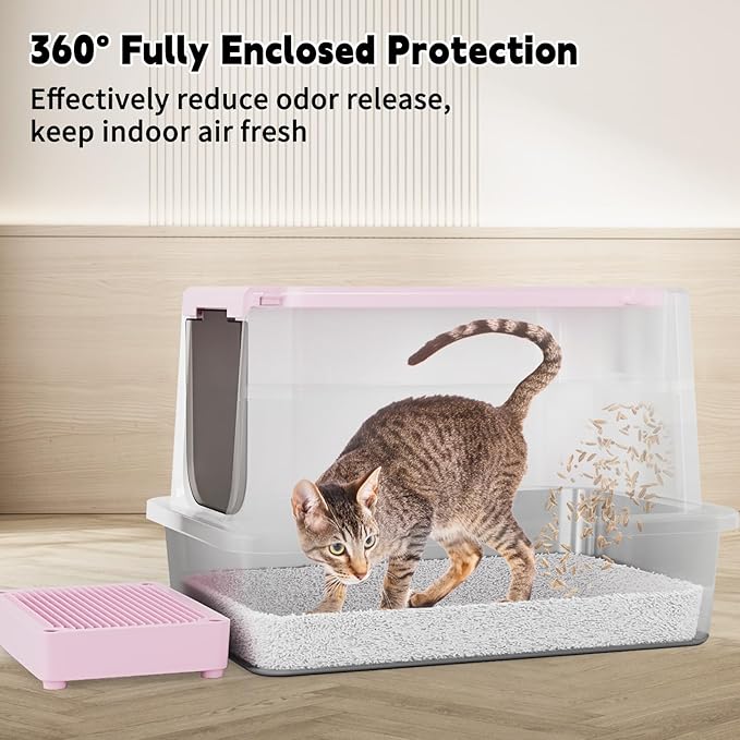 RIZZARI Enclosed Cat Litter Box: Large Top & Front Entry with Odor Control - Stainless Steel with Teflon Non-Stick Coating - High-Sided Pink Litter Pan for Multi-Cat Homes - for Apartments Hallways