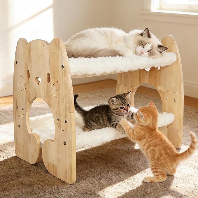 Extra Large Elevated Cat Bed, Solid Rubberwood Cat Hammock Bed with Soft Breathable Cover, Double Pet Beds for Multi-Cats Households Small Dog Rabbit