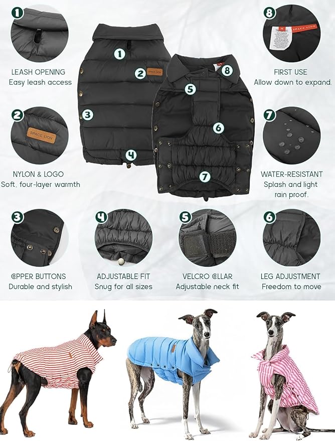 SPACE LION Dog Puffer Jacket, Down Winter Coat, Durable Outdoor Coat for Cold and Windy Conditions, Lightweight & Adjustable Fit Coats for Large Dogs, (Black, Size26/3XL)