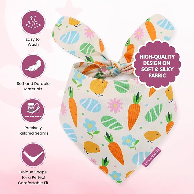 LunaMarie - Luxury Pet Birthday Bandanas -Premium & Silky Poly Fabric | 100% Handmade | Custom Shape Dual Layered (Easter Garden, X-Small)