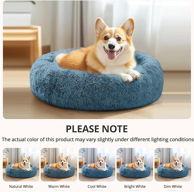 JOLLYVOGUE Calming Dog Bed Medium Size Dog, Anti-Anxiety Donut Medium Pet Bed, 31 inches Fluffy Faux Fur Round Cat Bed, Fits up to 45 lbs Pets (Blue)