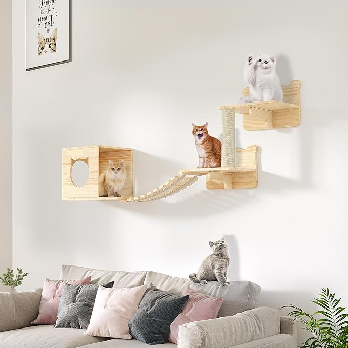 Cat Wall Shelves, 5-in-1 Solid Wood Wall-Mounted Cats Furniture Set with Scratching Post, Cat Climbing Wall Systems with Condos, House, Steps, Bridge Ladder, Cats Shelf Furniture