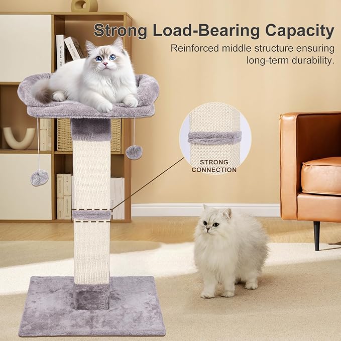 34" Tall Cat Scratching Post with Bed, Sisal Scratch Posts Trees with Plush Perch and Hanging Ball for Indoor Cats, Removable Cover, Large Scratch Post and Base, Rugged and Durable, Light Grey