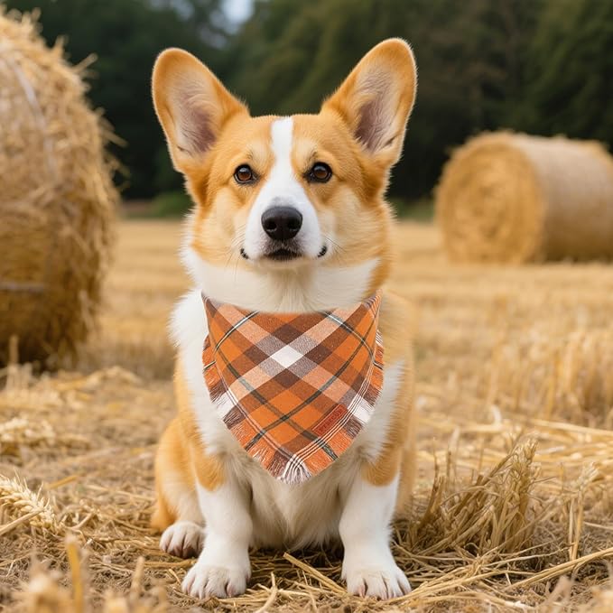 PTDECOR Fall Dog Bandanas with Tassels Edges, 2 Pack Orange Plaid Scarf Bib, Halloween Thanksgiving Pet Bandana, Reversible Triangle Bandanas for Small Dogs Puppies Cats(Small)