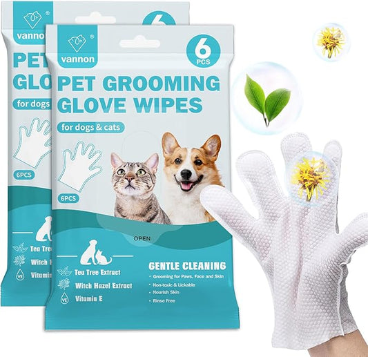 Vannon Extra Thick Pet Bathing Wipes for Dogs & Cats, Cleaning & Odor-Controlling Grooming Gloves, Nourish Fur Glove Wipes for Daily Care and Traveling, Rinse Free, Unscented, 2 Pack, 12 PCS