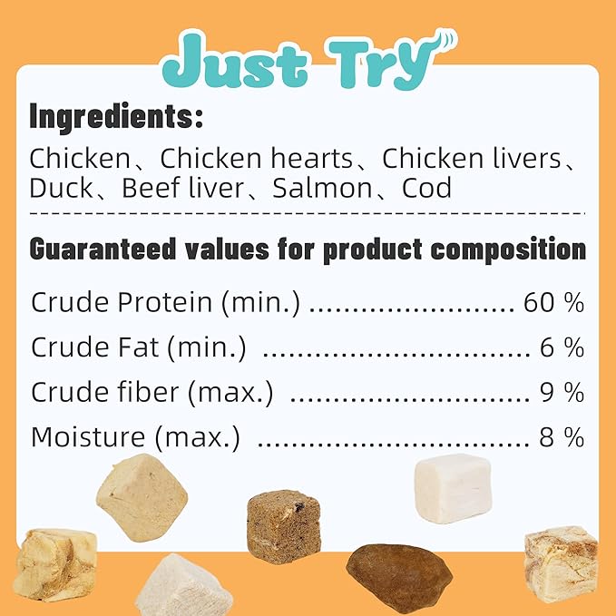 Just Try 16OZ Freeze-Dried Dog Teats Mix for Dogs & Cats - Chicken, Duck, Salmon, Cod, Liver & Heart - Grain-Free, Training & Treats