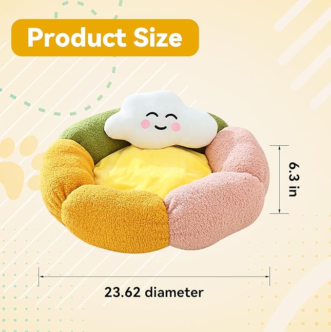 Cute Flower Cat Bed with Cloud Pillow,Calming Donut Bed for Indoor Kittens Washable Fluffy Cat Sleeping Nest Anti-Slip Bottom for Small Pet Kitten