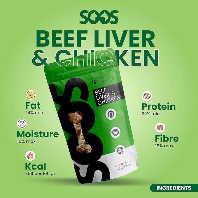 SOOS Natural Beef Liver & Chicken Treats for Dogs & Cats - High Protein, Grain Free, Vitamin Minerals, Healthy Training Treats - 113g