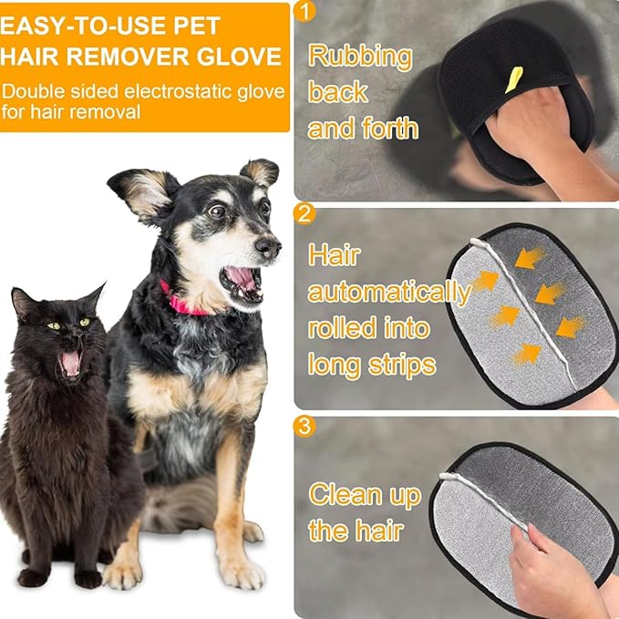 Pet Hair Removal Glove for Dogs & Cats | Reusable Electrostatic Grooming Glove | Double-Sided Pet Hair Remover for Clothing, Couch, Carpet, Car Seat | Comfortable & Adjustable Fit
