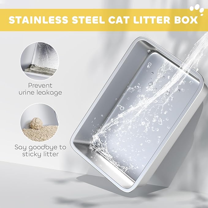 PawHut Stainless Steel Cat Litter Box, Extra Large 2 in 1 Metal Kitty Litter Pan with High Enclosure, Removable Lid & Scoop, Filter Bags, Easy to Clean, for Small to Large Kittens, White