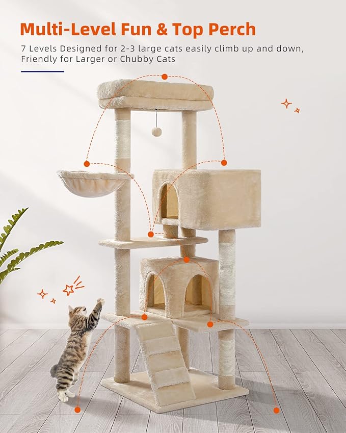 Cat Tree for Large Cats with Super Large Top Perch,56.2" Multi-Level Tower for Indoor Cats with Hammock and Sleeping Bag, Cat Shelves with Scratching Posts and 2 Condos Houses, Beige