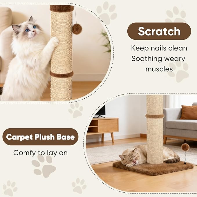 XiaZ Cat Scratching Post 34'' Tall, Cat Scratchers Tree Tower for Indoor Kitty with Extra Wide 15.8" Stable Base and 2 Toy Balls, Natural Sisal & Plush Fabric for Small, Medium Cats (Brown, 2.8in)